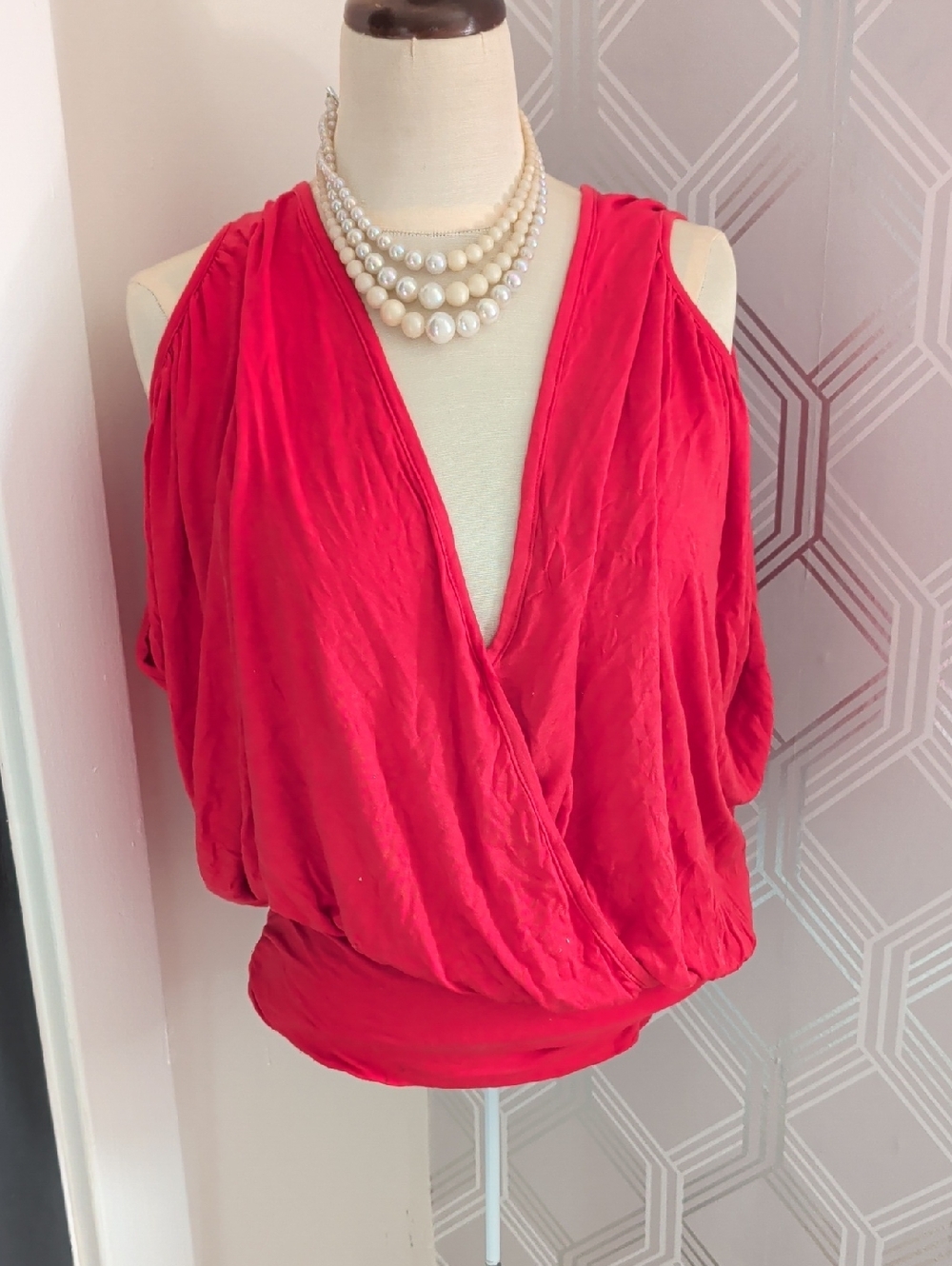 bebe Red Cold-Shoulder Wrap-Style Blouse